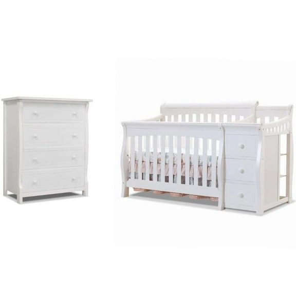 Baby Crib with Changing Table and 4 Drawer Dresser Chest Set in White