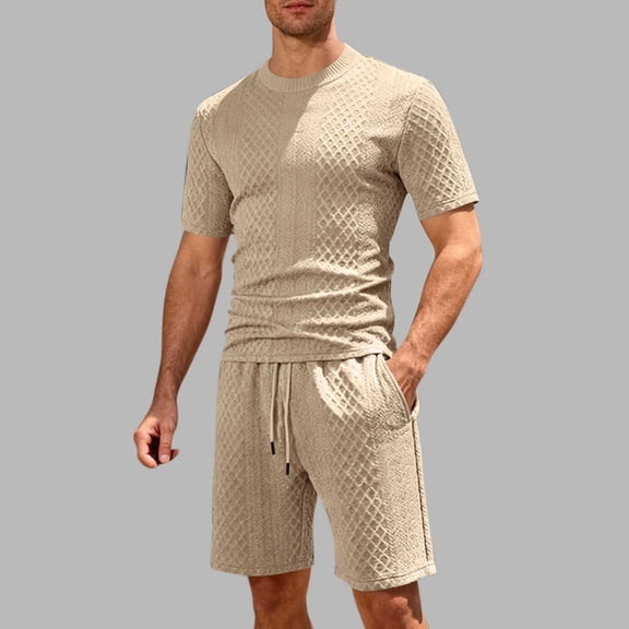 Kakii Men's 2-Piece Pull-On Shorts Set, All-Over Texture Jogger Shorts & Matching Tee, Elastic Waist Summer Lounge Outfit