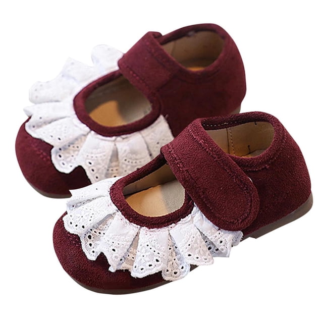 Wo-Fusoul Toddler Shoes for Girls, Unisex English Style with Lace Ruffles and Princess Design, Featuring Rubber Soles and Buckle Closure Leather Shoes