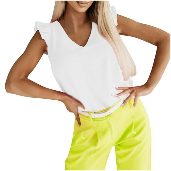 cfhntfmh Womens Fashion Tops Summer Soft Ruffle Cap Sleeve Tunic Shirts Comfy V Neck Going out Casual Blouses
