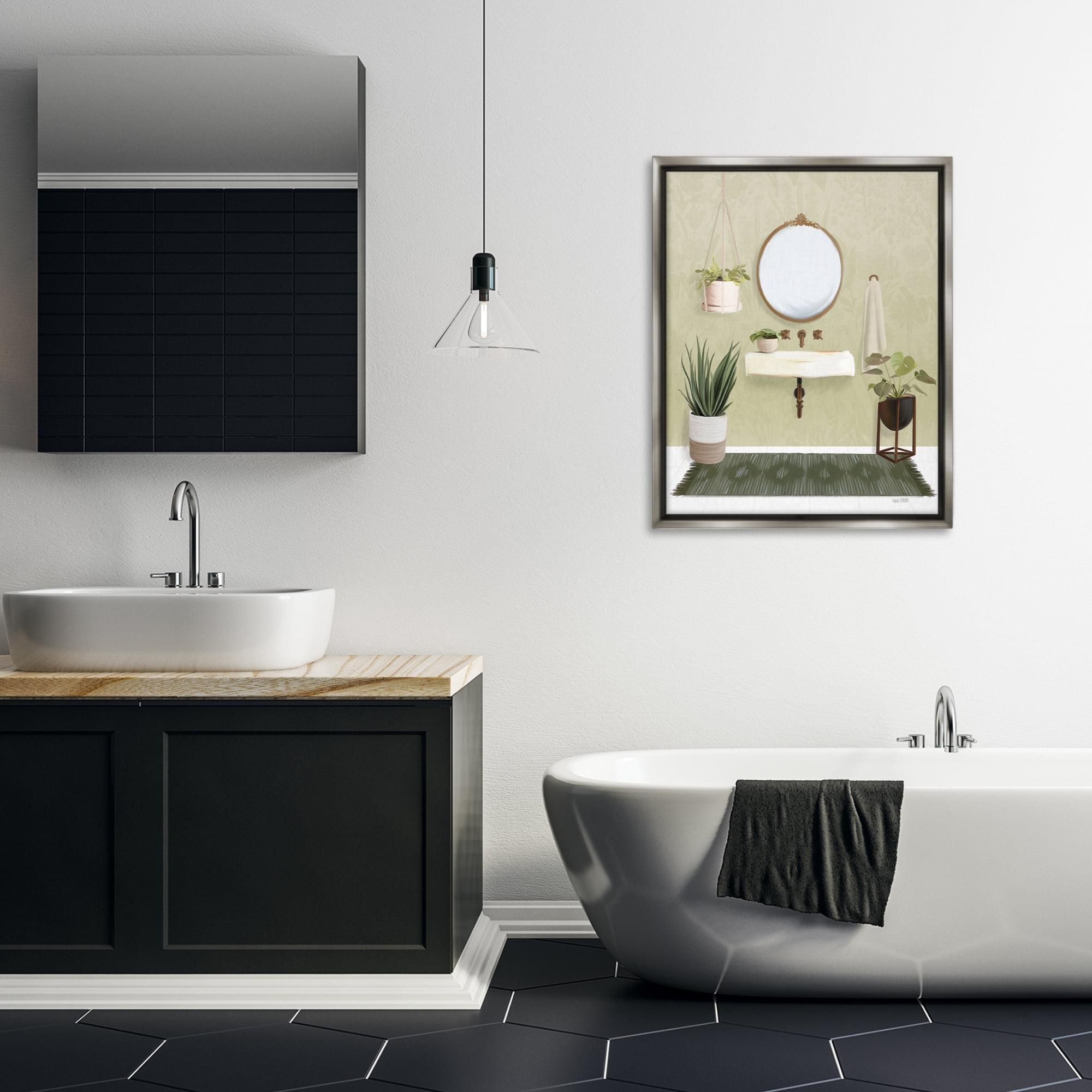 Stupell Industries Soothing Bathroom with Plants Bath & Laundry Painting Gray Floater Framed Canvas Art Print Wall Art, 25 x 31