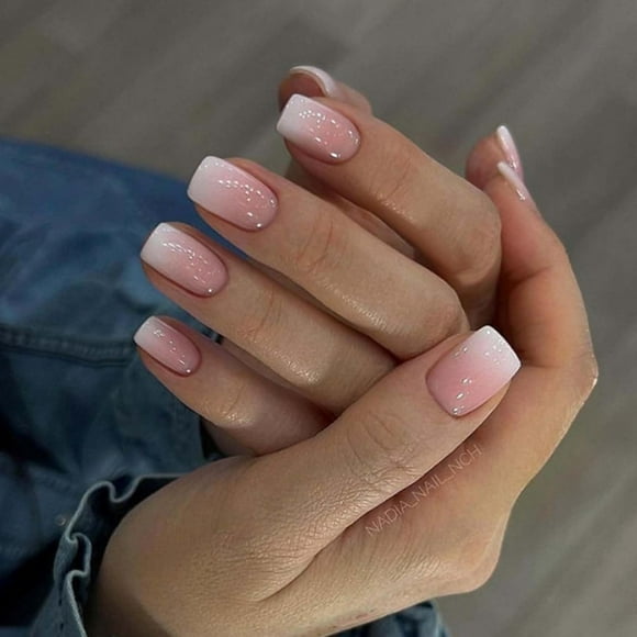 Short Nude False Nails Square Press on Nails Gradient Nails Tips Full Cover Cute Fake Nails for Women and Girls 24Pcs