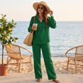 thumbnail image 5 of Stralyhd Women 2 Piece Set Elastic Waist Cotton Linen Lounge Sets Spring Travel Matching Sets Cozy Teacher Casual outfits with Pockets Dark Green L, 5 of 7