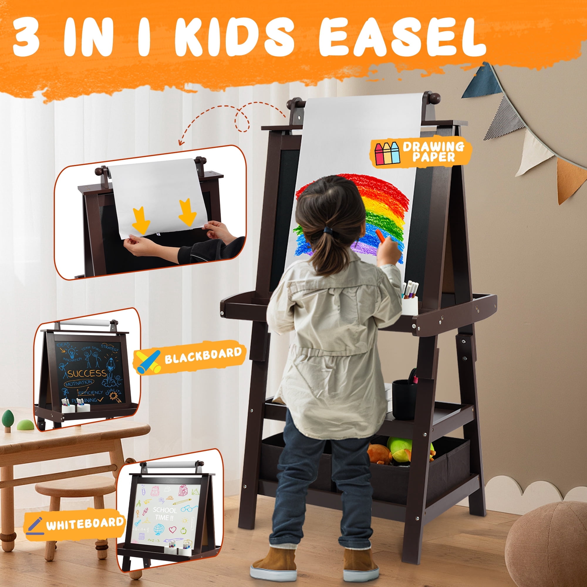 BalanceFrom 3 in 1 Kid Art Easel, Double-Sided Wooden Easel Chalkboard, Magnetic Whiteboard & Paper Roll, Standing Easel w/ 2-Tier Rack & 2 Storage Boxes, Children Easel for Kid, Boys, Girls, Coffee