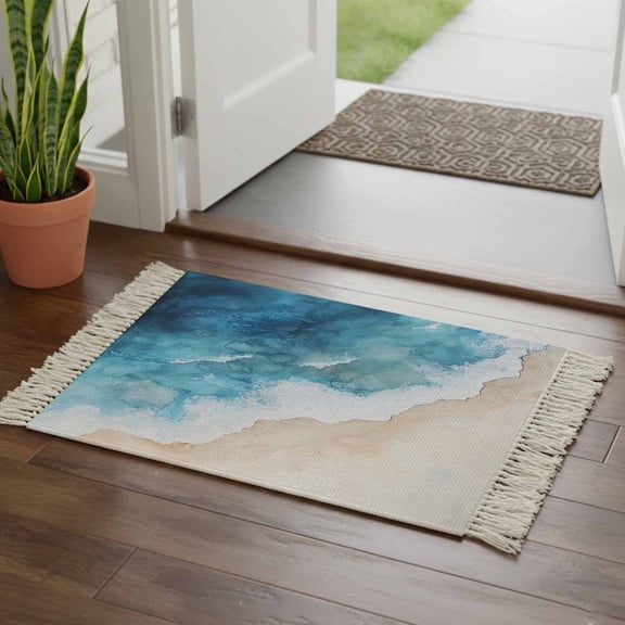 Blue Beach Coastal Bathroom Rug 2'x3', Summer Ocean Seaside Nautical Low Profile Front Entryway Rug with Tassels, Woven Cotton Washable Kitchen Mat Carpet for Foyer Bedroom Back Door Decor