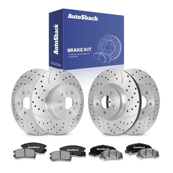 AutoShack Front Vented & Rear Solid Drilled & Slotted Silver Zinc Coated Brake Rotors   Ceramic Pads 12-PC Brake Kit Replacement for 2006-2010 Chevrolet Impala SilverShield Pro