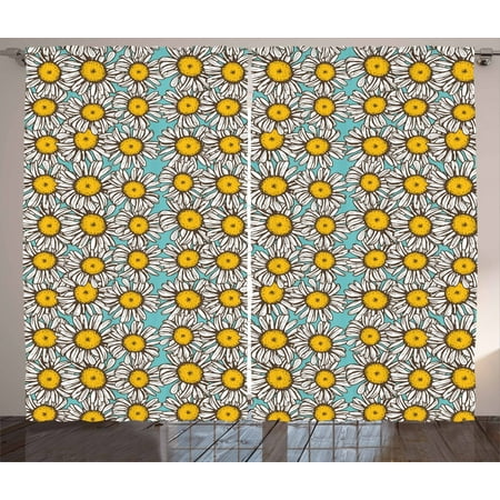 Yellow And White Curtains 2 Panels Set Sketch Style Daisy Bouquet