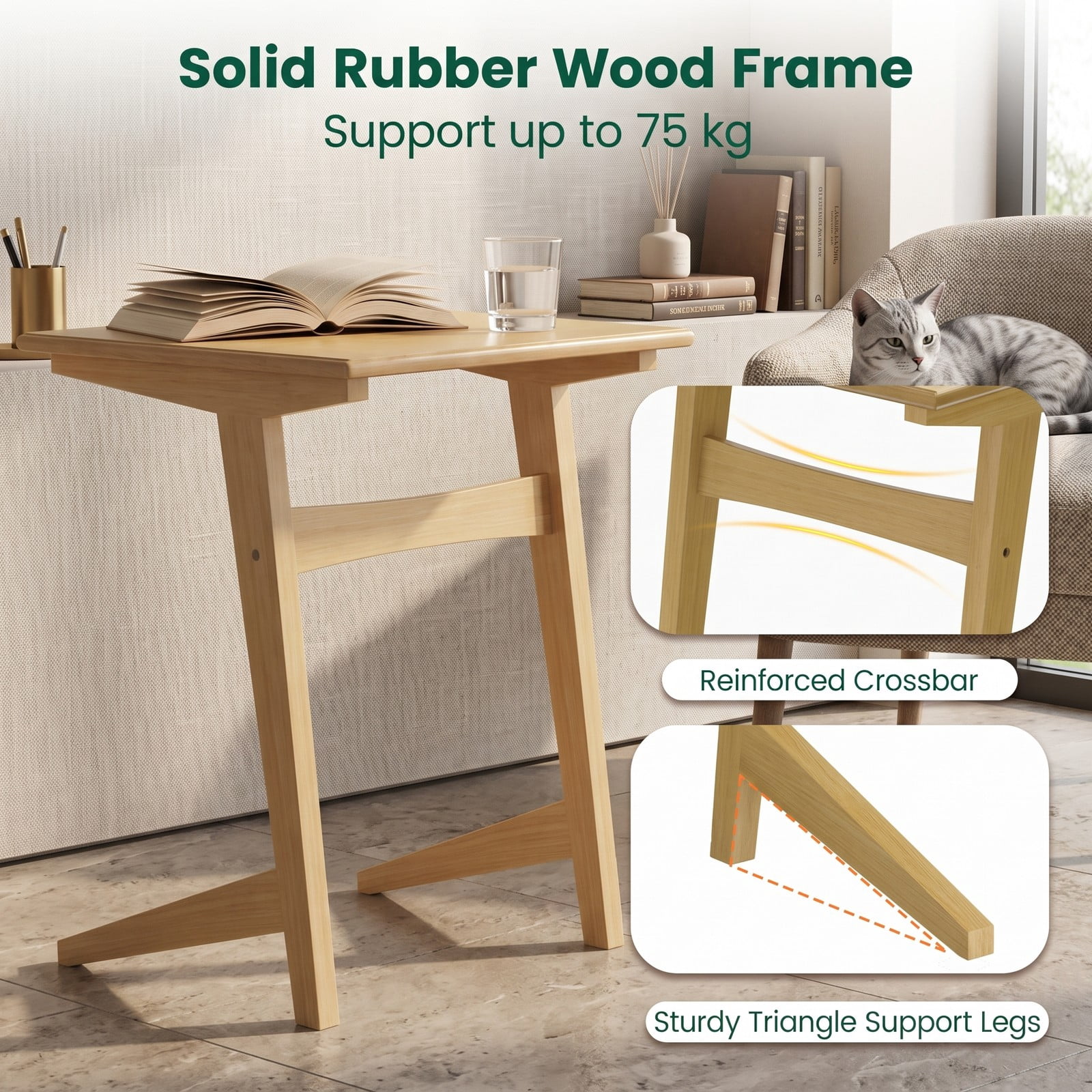 Furnibear Set of 2 C Shaped End Tables, Space-Saving Wood Sofa Side Tables with Veneered Top, Slide Under Couch Snack Laptop Tables with Sturdy Triangle Base, Natural