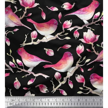 Soimoi Black Cotton Duck Fabric Branch,Pink Floral & American Robin Bird Print Fabric by The Yard 42 Inch Wide