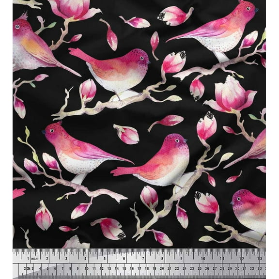 Soimoi Black Cotton Duck Fabric Branch,Pink Floral & American Robin Bird Print Fabric by The Yard 42 Inch Wide