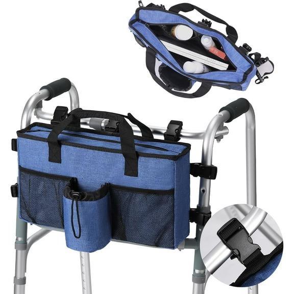 AMQTSLM Walker Bags for Folding Walker, Walker Basket with Cup Holder, Walker Accessories for Seniors Elderly with Large Capacity Storage, Blue