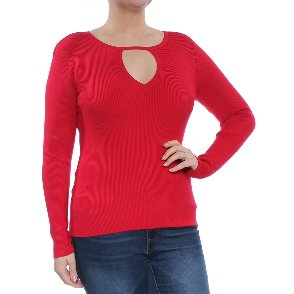 INC INC Womens Red Long Sleeve Keyhole Sweater Size L