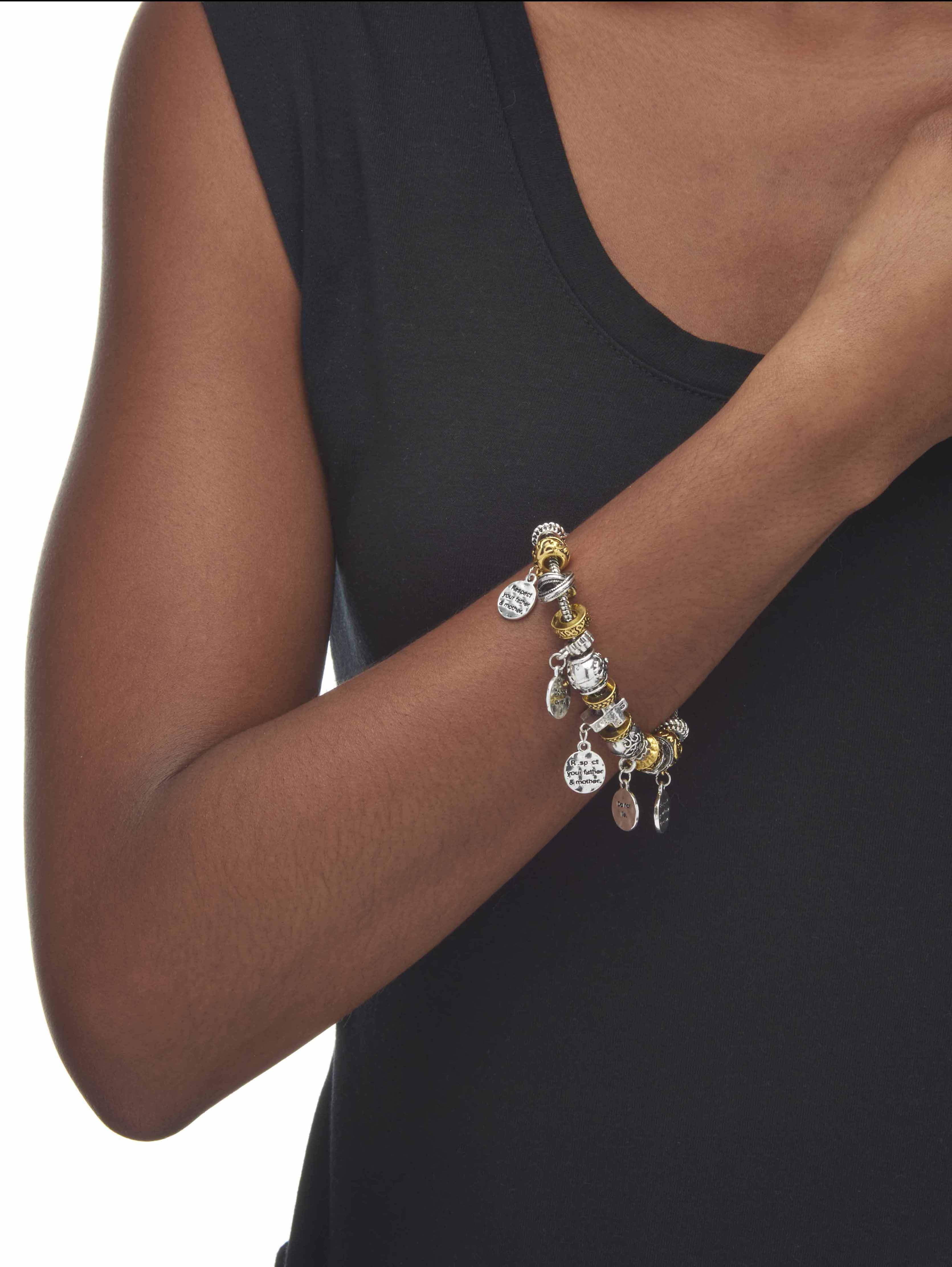 PalmBeach Jewelry Ten Commandments Bali-Style Beaded Charm Bracelet in Two-Tone Goldtone and Silvertone 8"
