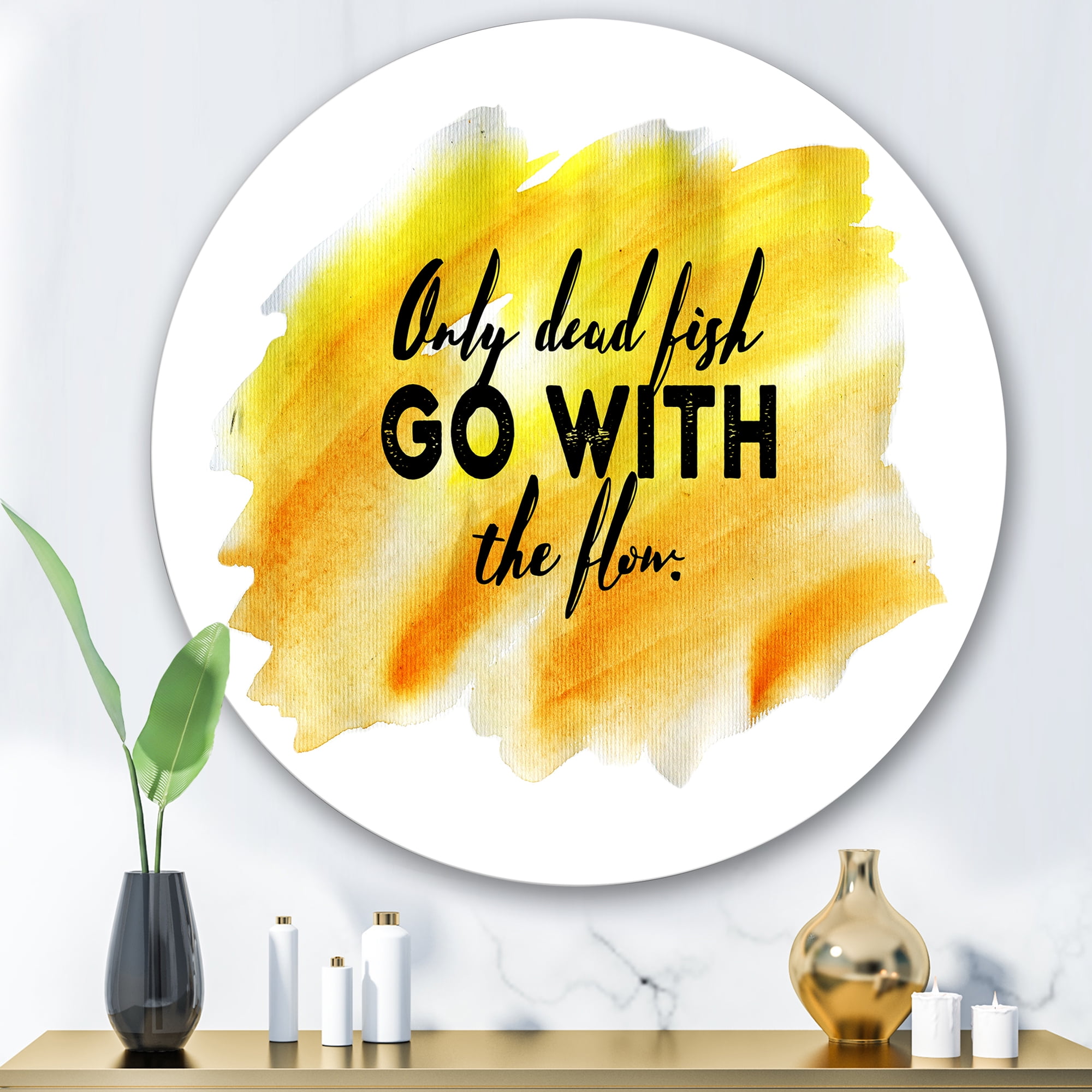Designart 'Only Dead Fish Go With The Flow On Yellow Strokes' Modern Circle Metal Wall Art 36x36 - Disc of 36