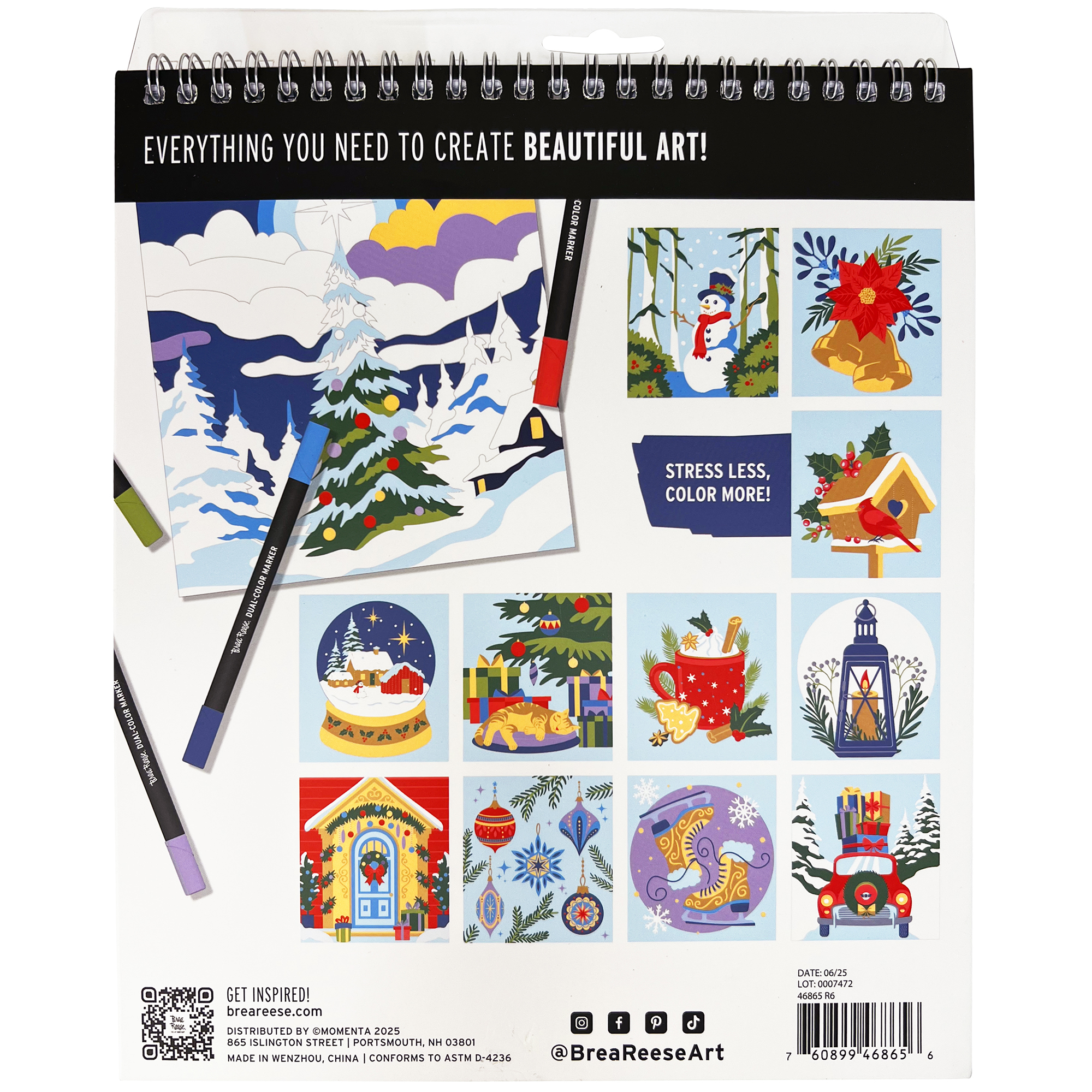 Brea Reese: Marker Coloring Kit - Christmas Tree - 5 Dual-Sided Markers, 12 Holiday-Themed Coloring Pages, Festive Spiral-Bound Art Pad, Adult Craft