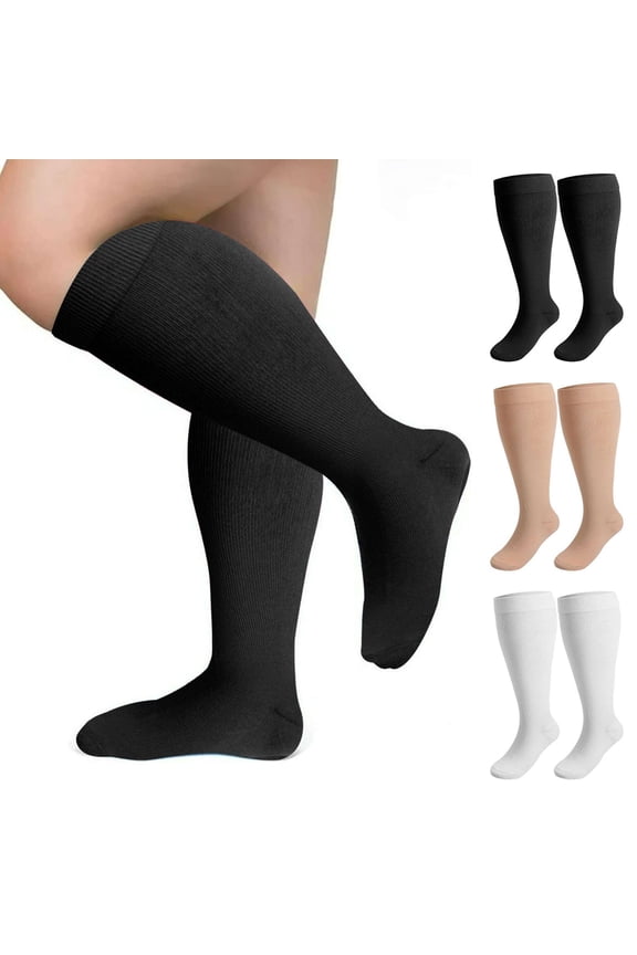 3 Pairs Wide Calf Compression Socks for Women Men Plus Size 15-20mmHg Knee High Support Stockings, 3XL-4XL