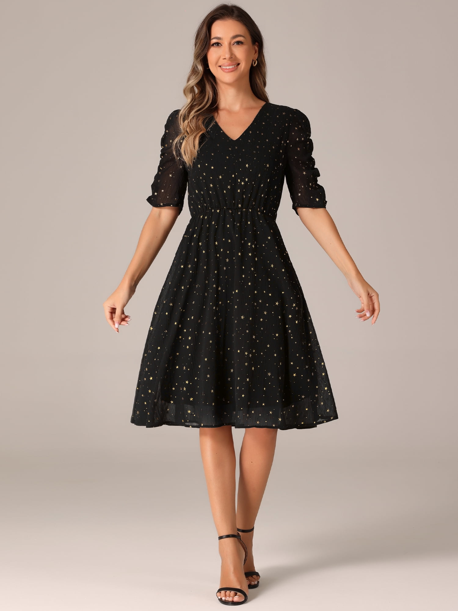 DARING DIVA Metallic Stars A-line Chiffon Dress S Black