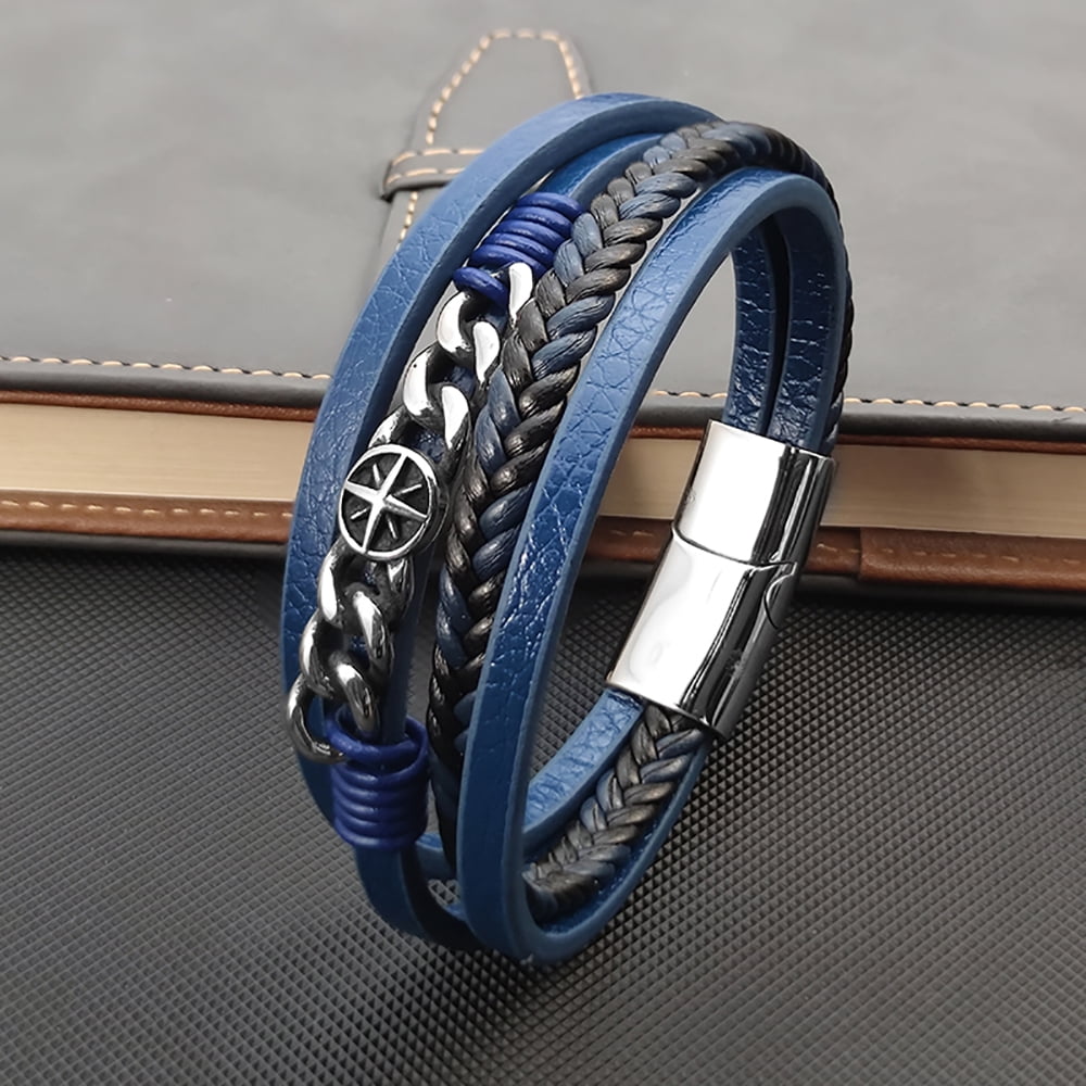 YIFSIY Blue Mutil-layer Braided Leather Bracelet with Six Pointed Star Stainless Steel Cuff Bracelet for Men Women