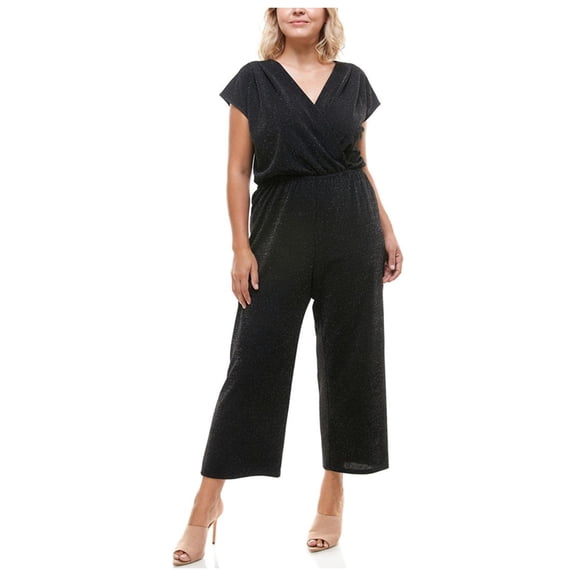 MONTEAU Womens Black Metallic Textured Scuba Crepe Short Sleeve V Neck Evening Wide Leg Jumpsuit Plus 3X