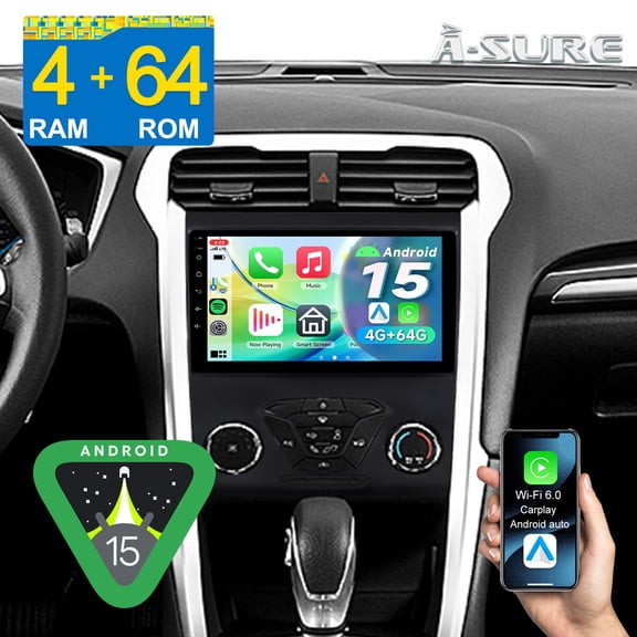 Asure 9" Touchscreen 4G 64G Car Stereo for Ford Fusion Mondeo (2013-2020), Android 15 Car Radio with Apple CarPlay/GPS Navi/Wi-Fi/BT 5.4/DSP