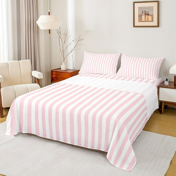 Manfei Geometric Vertical Stripe Queen Sheet Sets, Girls White Pink Flat Sheet, Minimalist Simple Art Queen Fitted Sheet, Lightweight Room Decor 4-Piece