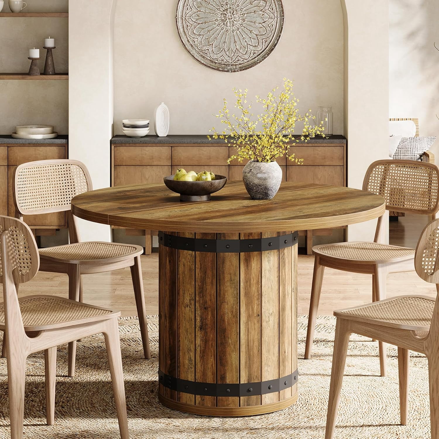 Tribesigns 39.37-Inch Round Dining Table, Farmhouse Dining Table with Fence Pedestal Base for Kitchen Room, Living Room (Only Table)