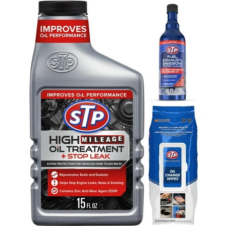 STP Exhaust & Emissions System Cleaner and High Mileage Oil Treatment   Stop Leak Engine Oil Additive with Oil Change Wipes, 3-Piece Bundle
