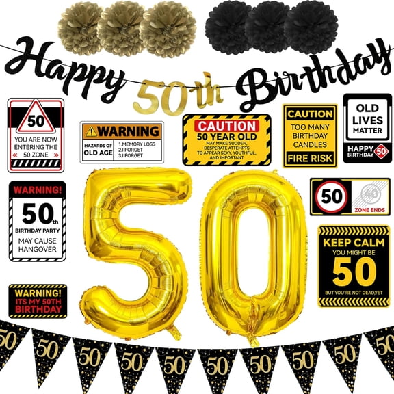 50th Birthday Party Decorations Set Black and Gold 50 Years Old Party Supplies for Men with Happy Birthday Banner, Party Signs, Pennants, Foil Balloons and Paper Fans