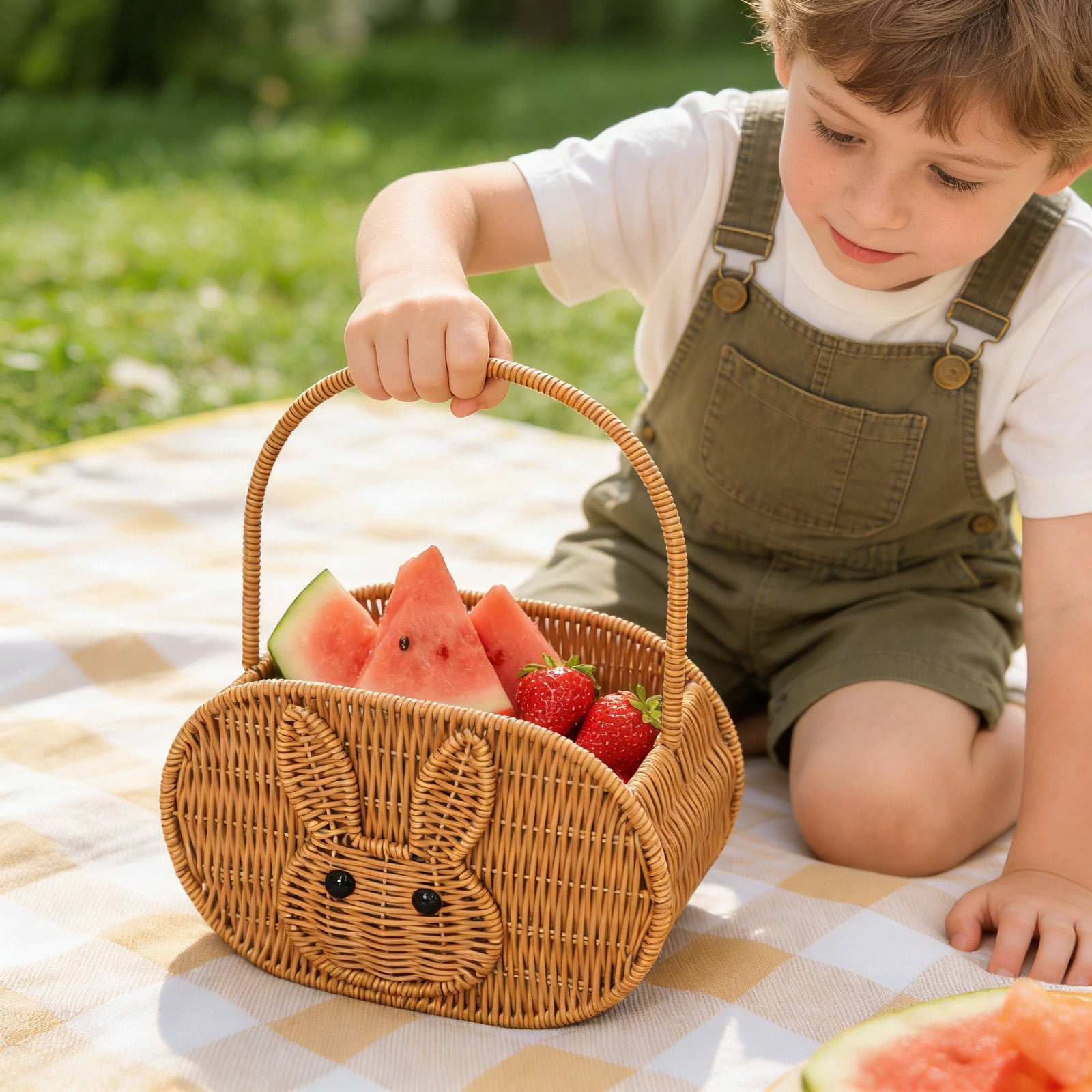 Zeyigg Handwoven Oval Bunny Storage Basket, Rattan Picnic Basket with Handles for Easter Egg Gathering, Outdoor Picnics, and Home Organization,color
