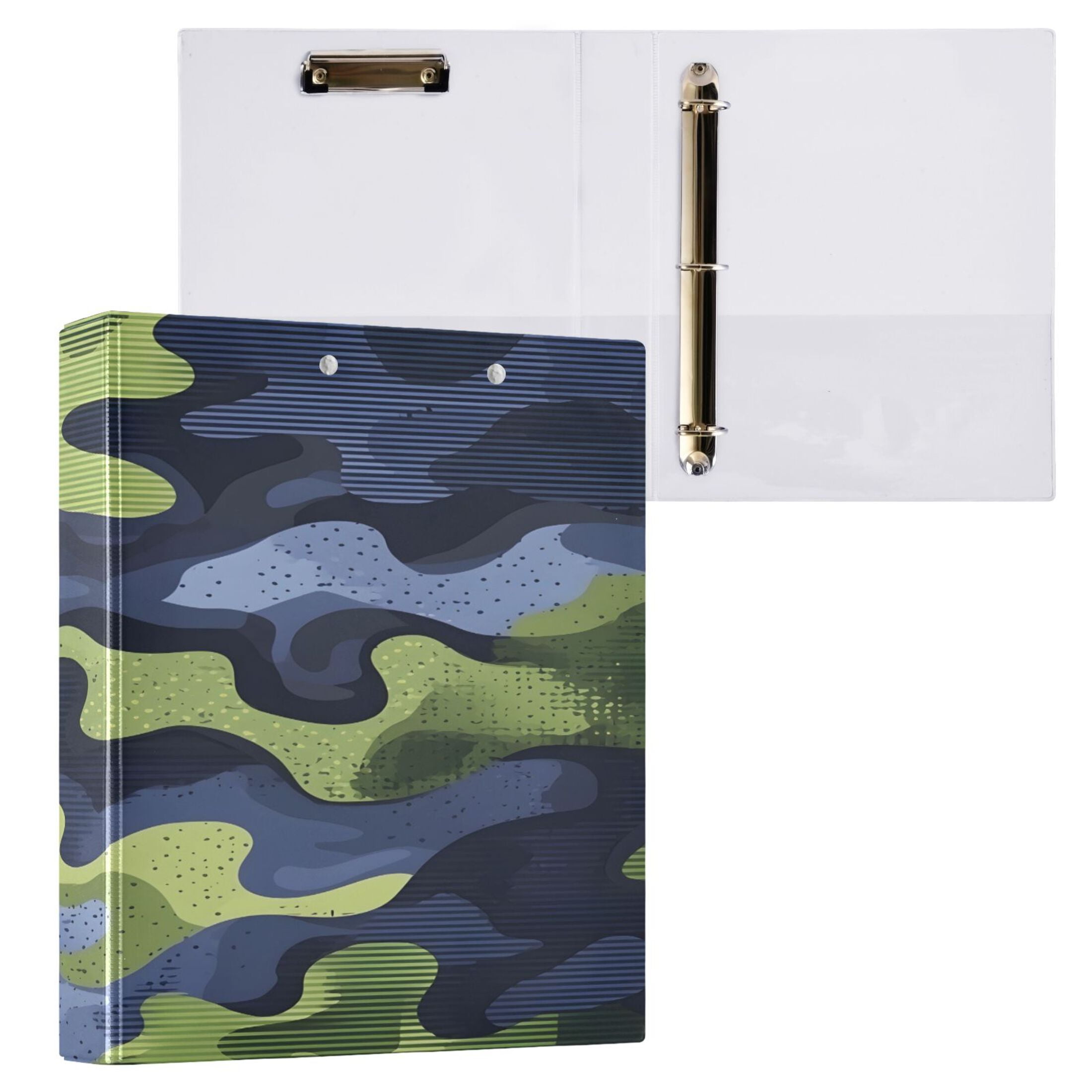 Camouflage Pattern 12.4x10.6in PVC Round Ring Binder, D-Ring 3-Hole, Metal Clip, 200 Sheets