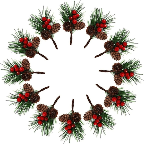12Pcs Christmas Red Berry Stem Floral Pine Cone Artificial Pine Branch Evergreen Branch Pine Cone Decoration Christmas Decoration DIY Holiday Crafts Garland Decoration