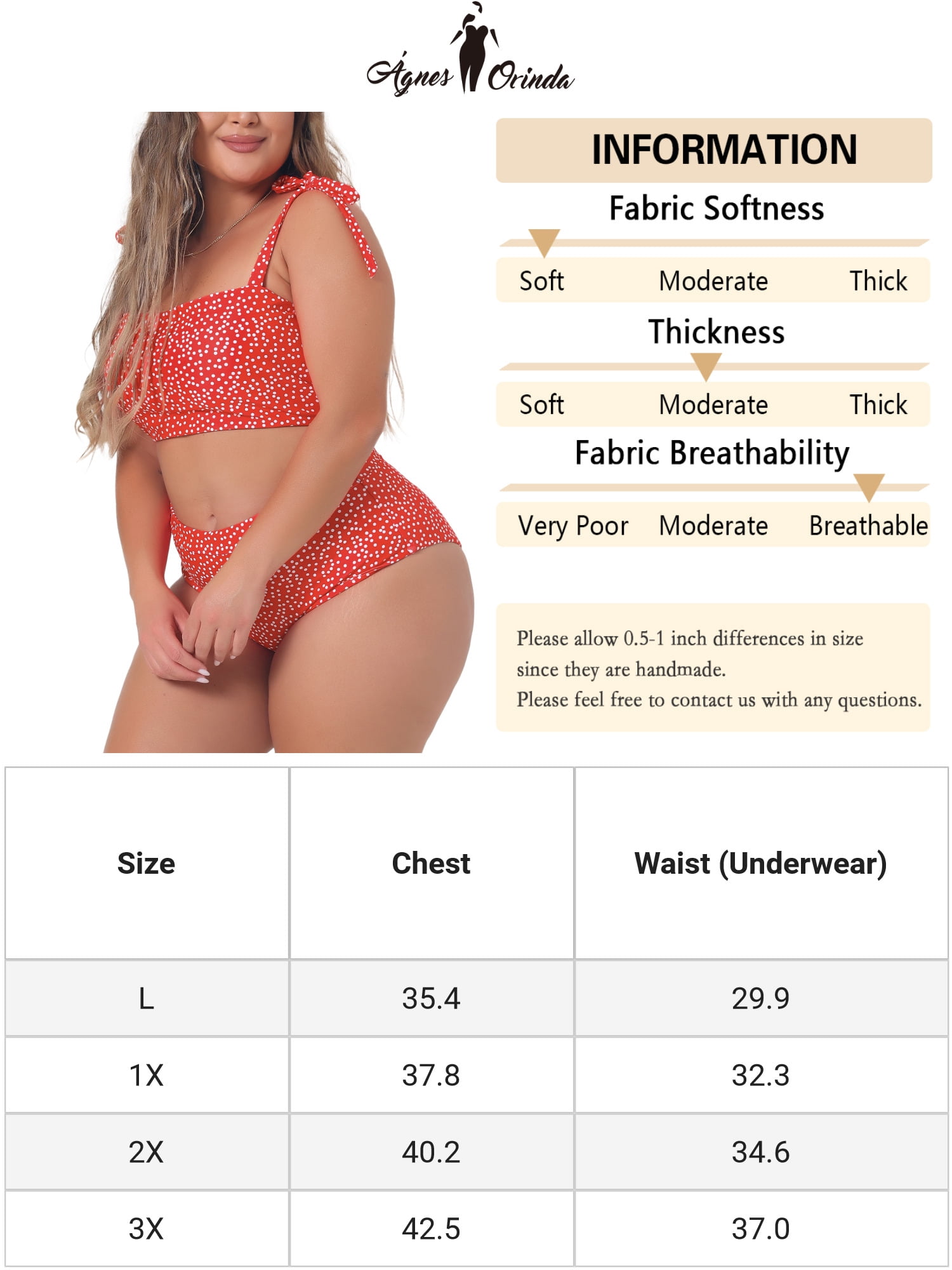 DARING DIVA Women's Plus 2pcs Polka Dots Bikini Bandeau Suits 3X Red