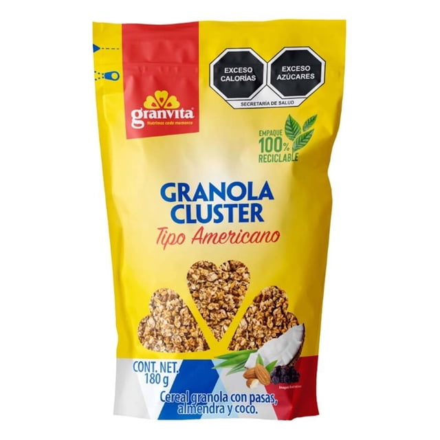 Granola Cluster Granvita tipo americano con pasas, almendra y coco 180 g