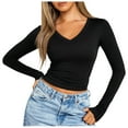 thumbnail image 3 of aidice Long Sleeve Tops for Women Going out V Neck Stretch Slim Fitted Cropped Top Tees Shirts Plain Undershirt, 3 of 7