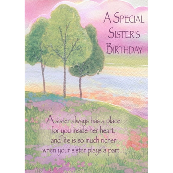 Designer Greetings Three Green Trees on Hillside Watercolor Die Cut Z-Fold Birthday Card for Sister