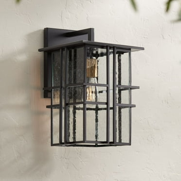 Possini Euro Design Arley Modern Outdoor Wall Light Fixture Black Geometric Frame 16" Seedy Glass for Post Exterior Barn Deck House Porch Yard Patio
