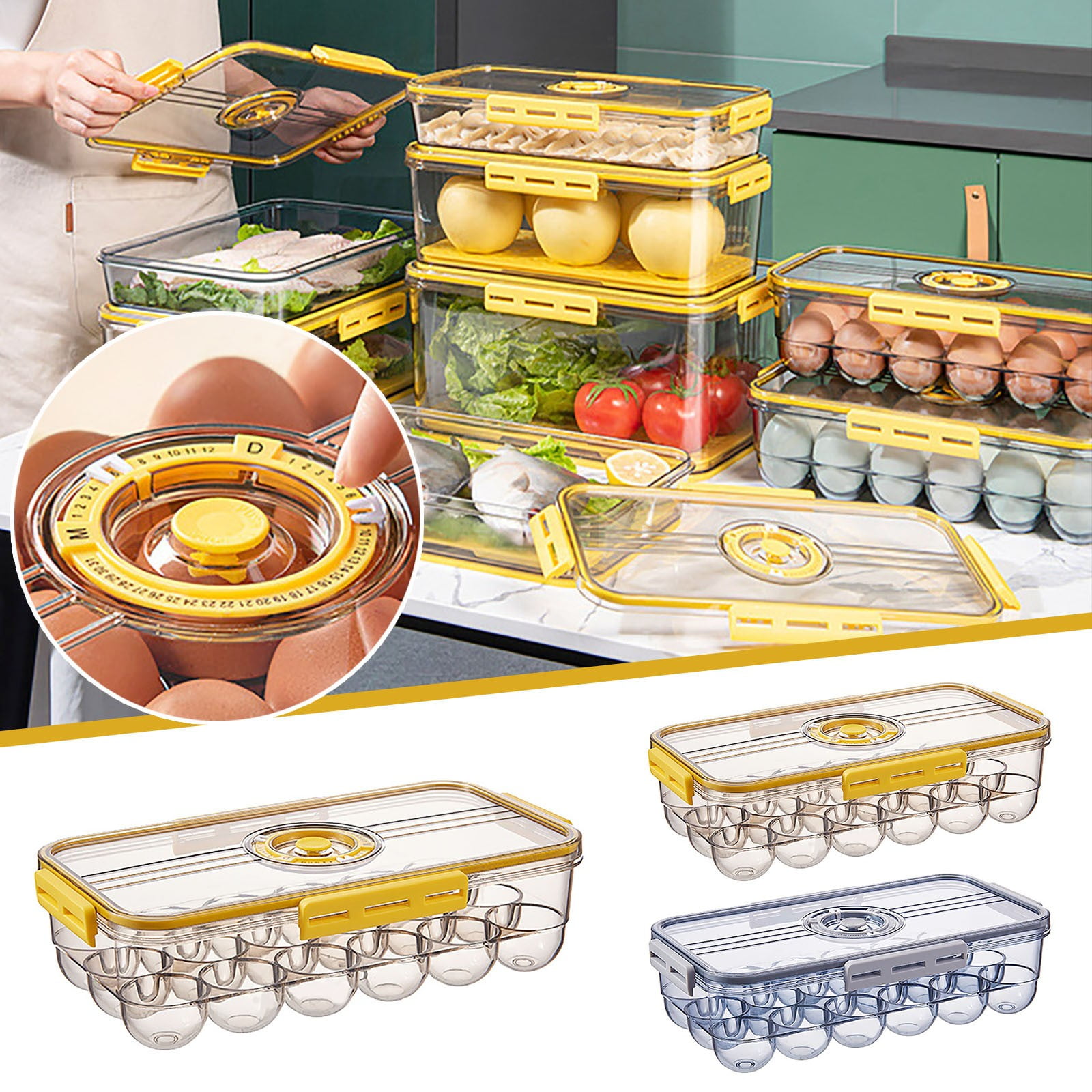 Clearance Egg Holder Clear Egg Tray Storage Box With Lid And Special Buckle Stackable PET Plastic Refrigerator Organizer Bins Eggs Containers 18 Egg Tray for Home & Kitchen Yellow
