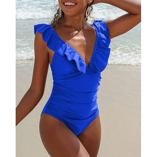 Charmo Ruffle One Piece Swimsuit Women V Neck Ruched Tummy Control Bathing  Suits