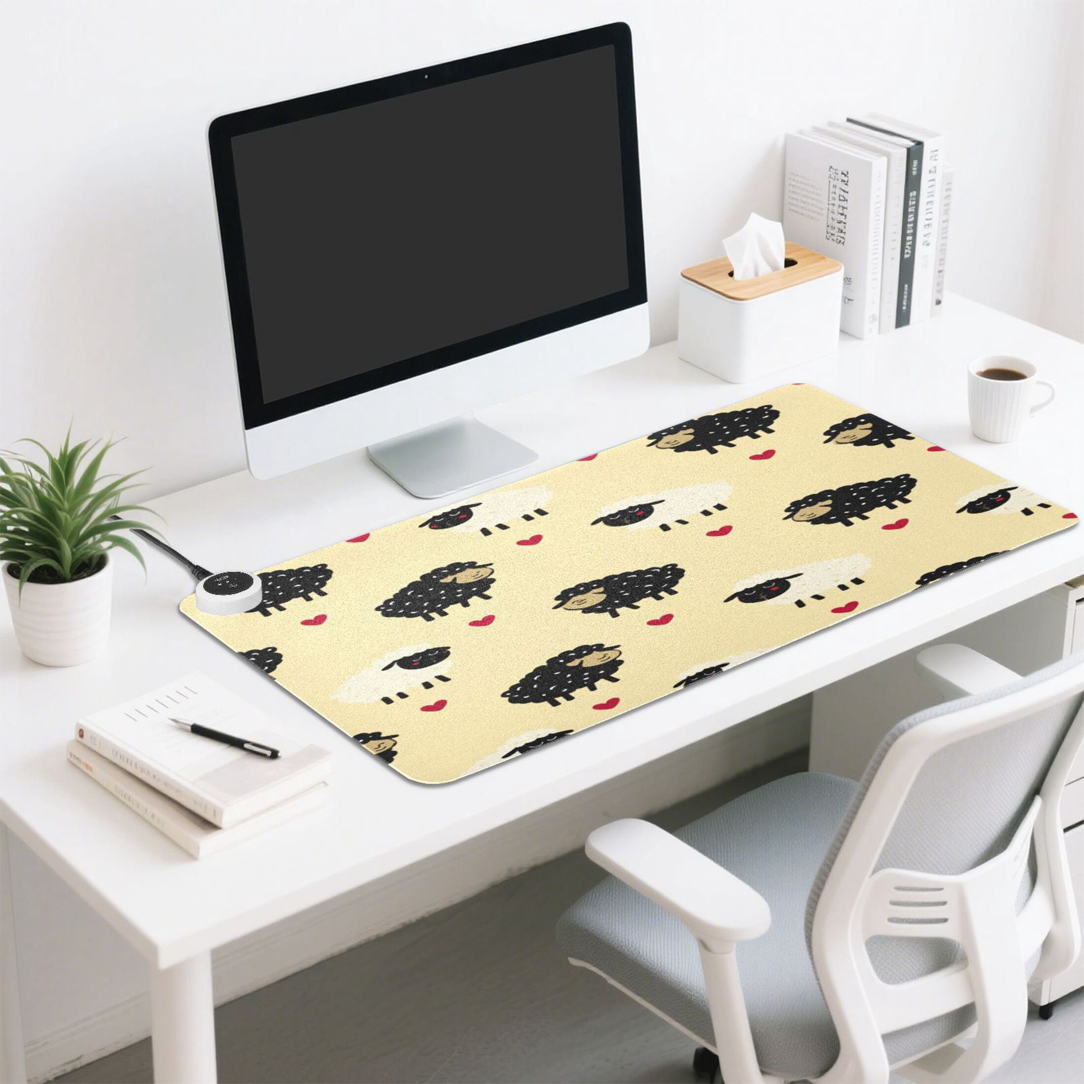 Large Heated Desk Mat Mouse Pad 31.5"x13"PU Leather Graphene Heating Desk Warmer with 3 Temperature Settings 110V US Plug Non-Slip Warm Pad for Home, Office, and Gaming Cute Sheep Heart Pattern