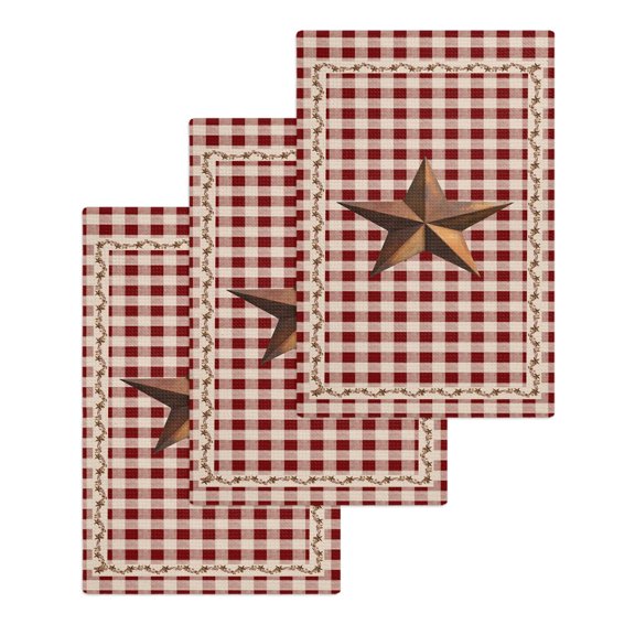 Brown Western Texas Star Vintage Kitchen Dish Towels for Drying Dishes Set of 3, Rustic Farmhouse Red Plaid Waffle Weave Microfiber Hand Tea Bathroom Towels Quick Dry & Absorbent Towel 15.7x23.6