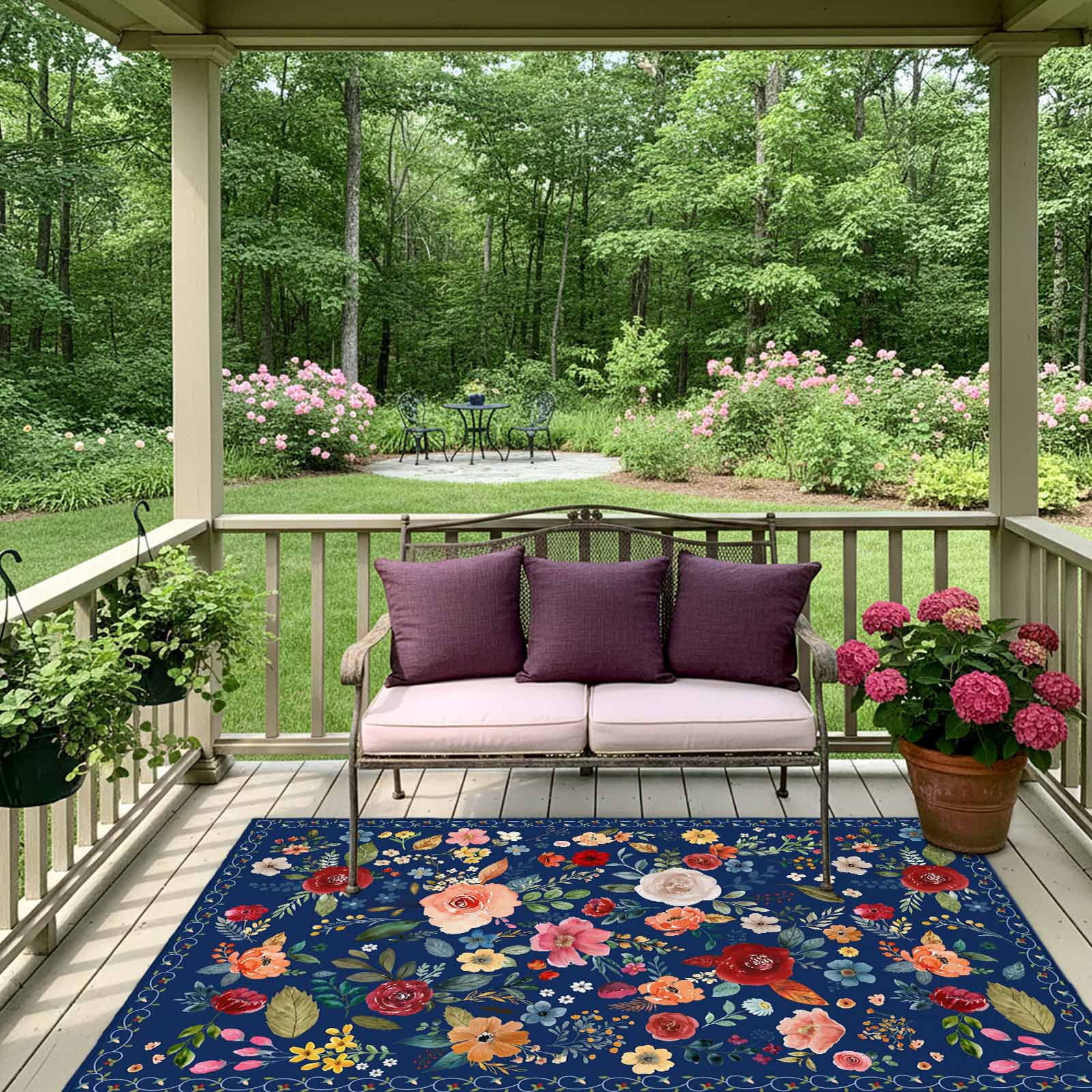 Navy Blue Flowers Outdoor Rug 5x7 Ft, Non Slip Washable Area Rug, Spring Vintage Floral Leaves Farmhouse Patio Rugs Carpet Runner, Large Floor Mat for Indoor/Outdoor Deck Porch Camping