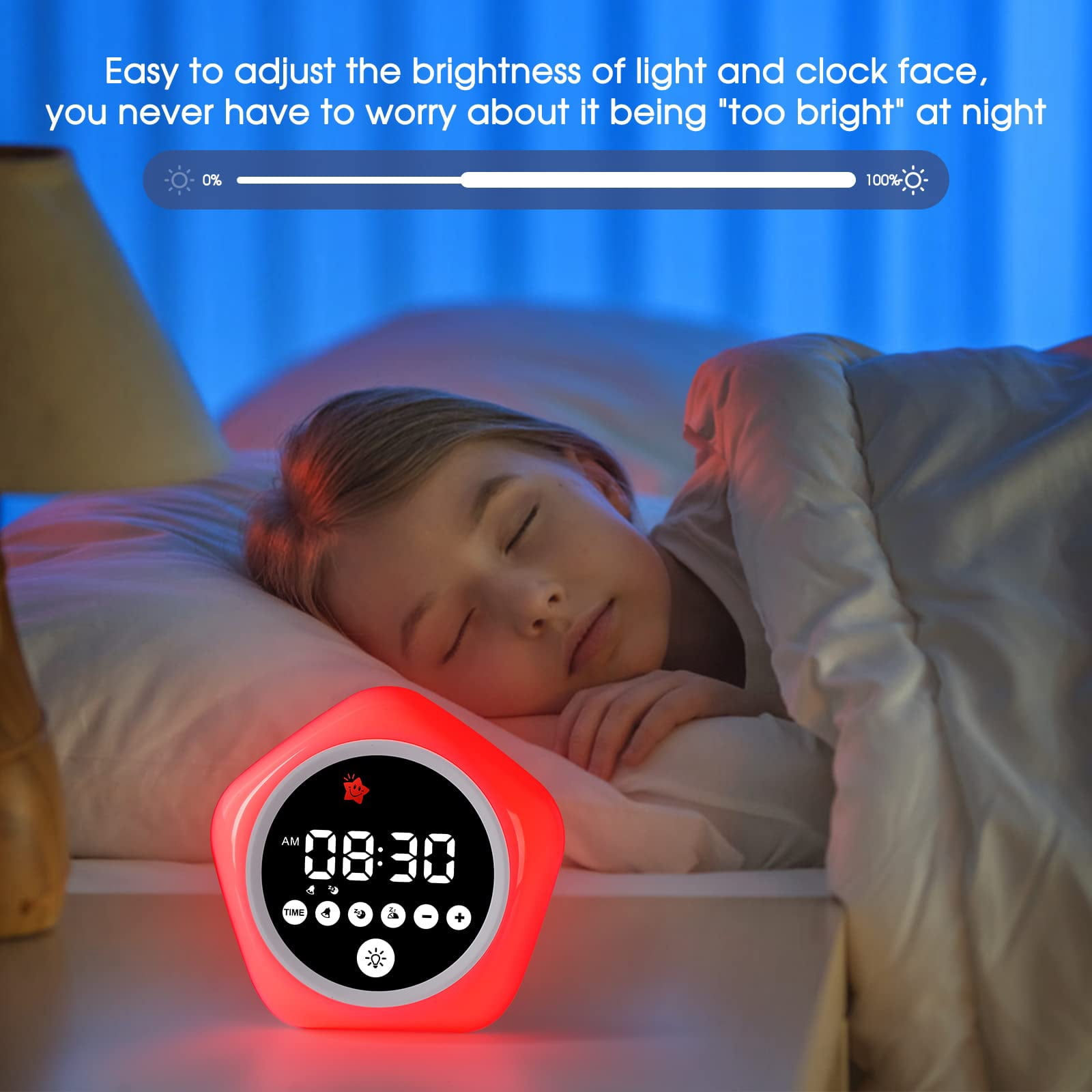 Toddler Alarm Clock for Sleep Training, Kids OK to Wake Clock with Green Red Light, Children's Night Light with 10 Colors, Adjustable Brightness, Pink