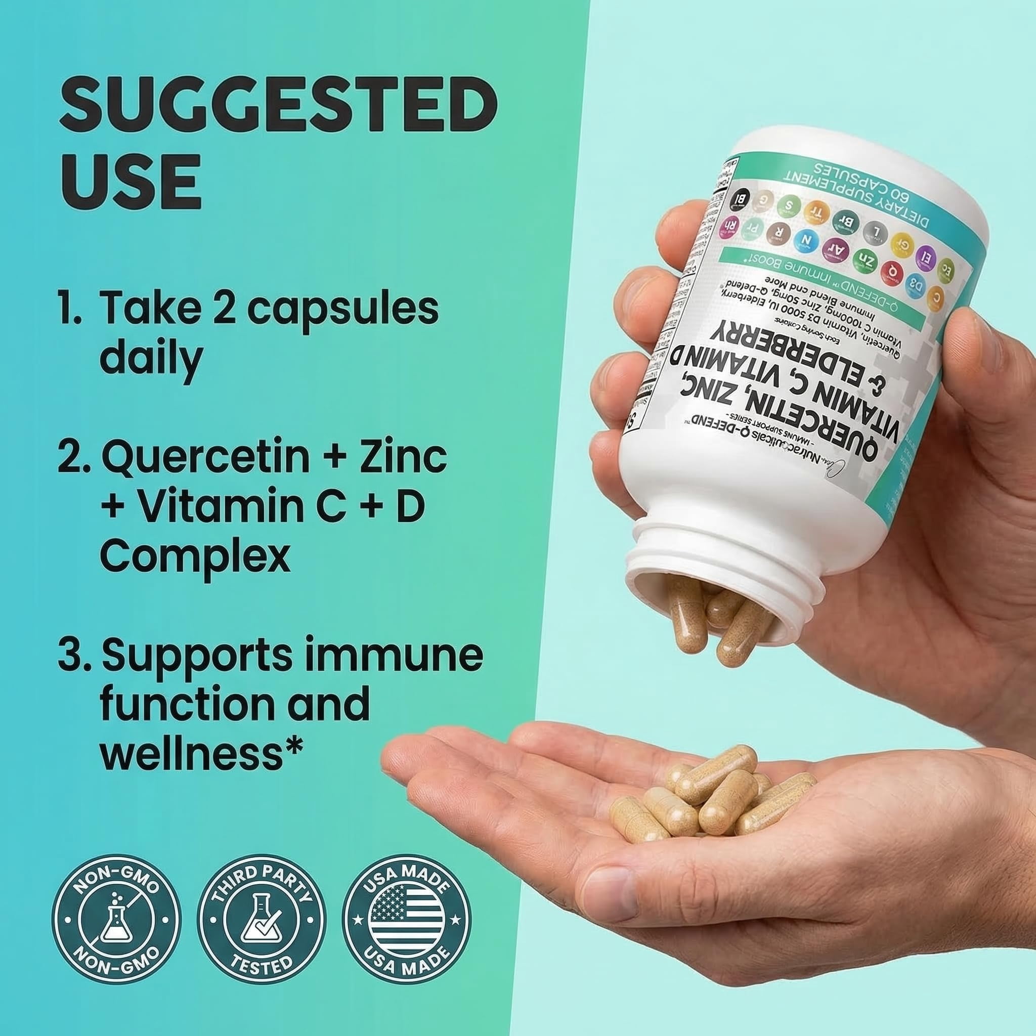 Q Defend Quercetin Supplement with Zinc Vitamin C Vitamin D Elderberry Turmeric Black Pepper Garlic Ginger Sea Moss Lysine Stinging Nettle Reishi Mushroom Immune Support 60 Capsules by Clean Nutra
