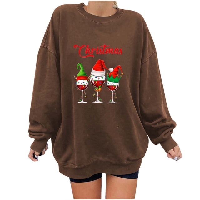 Gibobby Sudaderas de Navidad para mujer Sudadera con estampado navideño para mujer Sudadera con capucha informal de talla grande para invierno(Marrón,G)