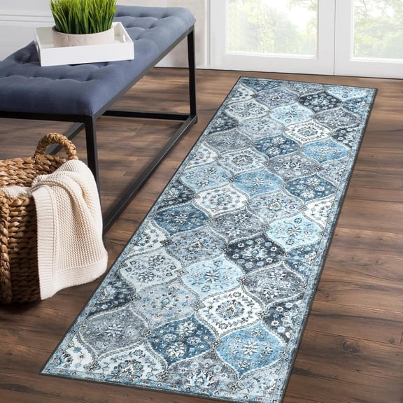 2x6 Runner Rug Washable Non Slip Hallway Entryway Rug Moroccans Vintage Distressed Blue/Grey