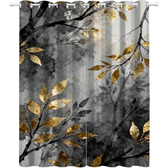 Black Gold Leaf Curtains,Tropical Botanical Blackout Curtains for Bedroom,Palm Leaves Window Treatments for Living Room Home Decor,Leaf Thermal Insulated Darkening Drapes-42"W x 45"L (Pack of 2)