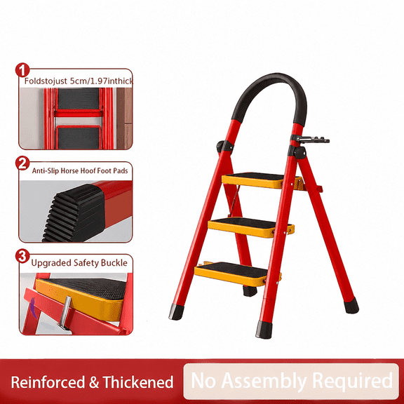 3 Step Folding Step Ladder with Curved Handrail, Reinforced Thickened Steel Frame, Anti-Slip Horse Hoof Foot Pads, Upgraded Safety Buckle, Fold to 1.97in Slim, No Assembly Required,