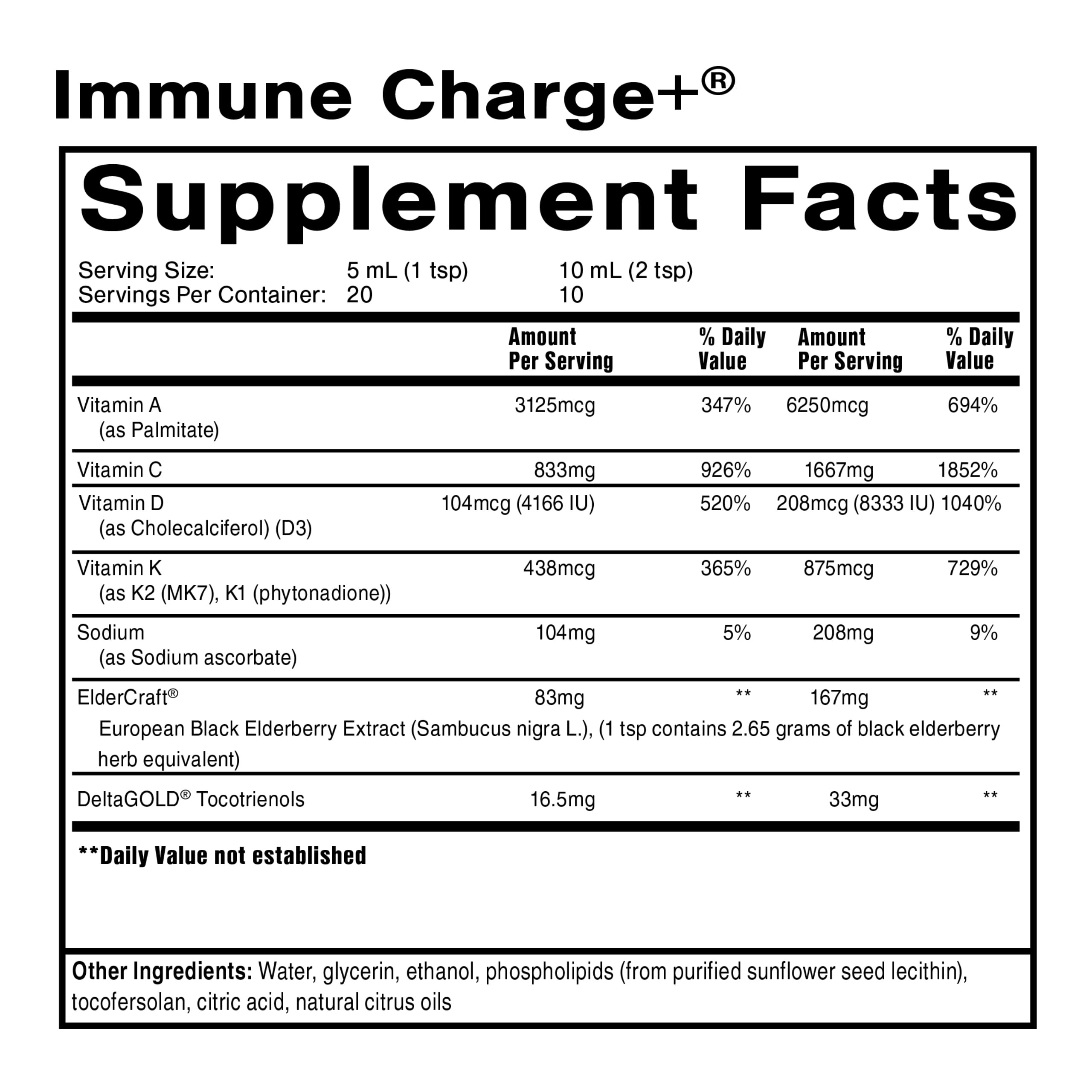 Quicksilver Scientific Immune Charge+ - Elderberry Immune Support with 10,000 IU Vitamin D3, 25,000 Vitamin A, Vitamin C, E, K1 & K2 for Immune Health & Lung Support (100ml)