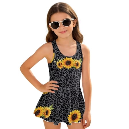 Xixirimido Sunflower Black Leopard Print Girls Swimsuit One Piece UPF 50+ Skirted Bathing Suit Modest Beach Swim Dress with Built-in Shorts for Kids 3-4 Years