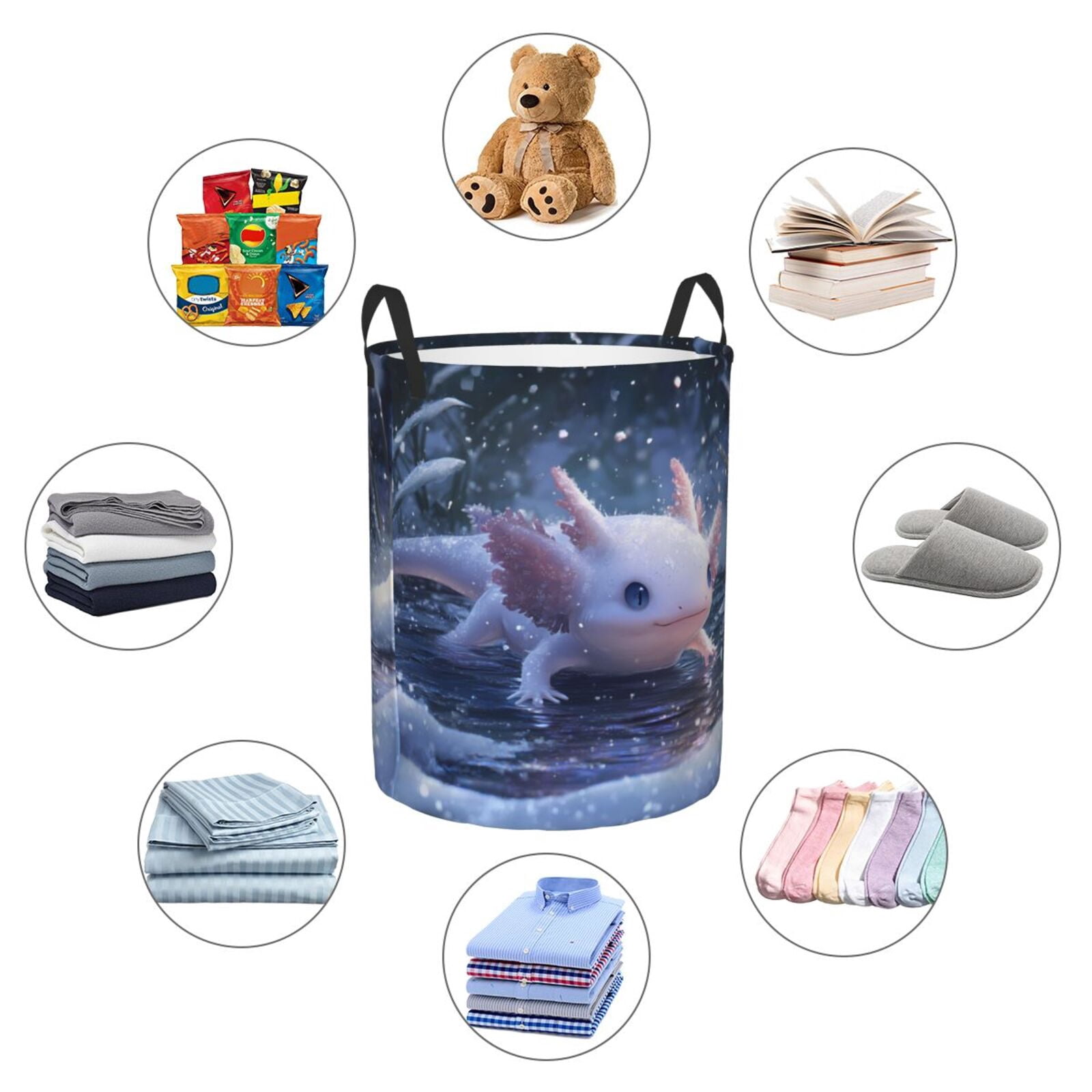 Large Laundry Basket with Handles - Winter Axolotl in Frozen Pond B Kids Baby Dirty Clothes Laundry Hamper for Bedroom Aesthetic